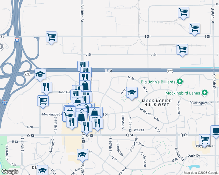 map of restaurants, bars, coffee shops, grocery stores, and more near 4809 South 107th Avenue in Omaha