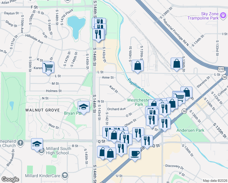 map of restaurants, bars, coffee shops, grocery stores, and more near 14173 Karl Street in Omaha