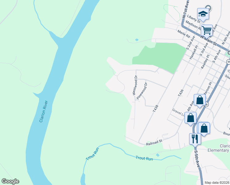 map of restaurants, bars, coffee shops, grocery stores, and more near Oak Ridge Drive in Clarion