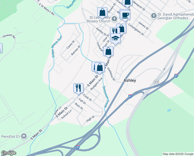 map of restaurants, bars, coffee shops, grocery stores, and more near 34-36 North Main Street in Ashley