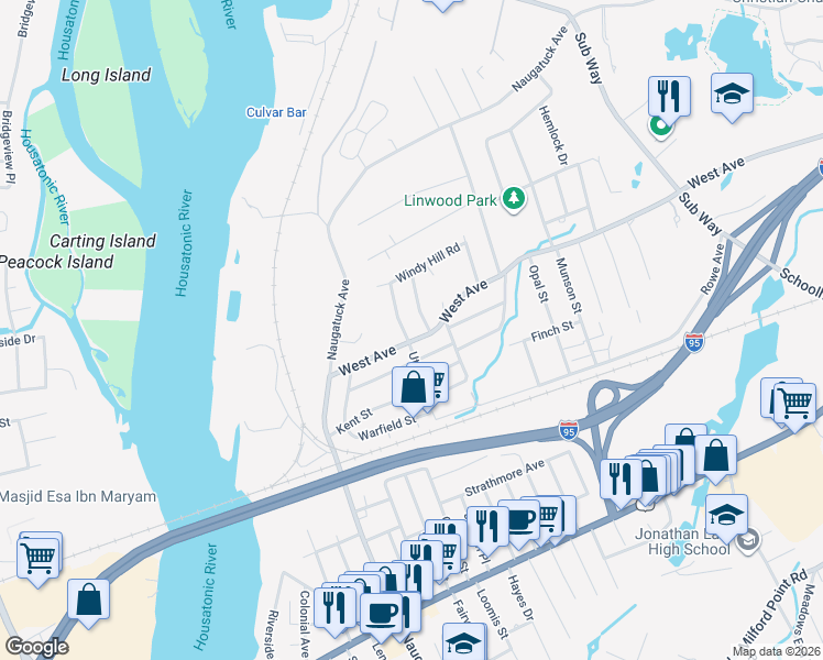 map of restaurants, bars, coffee shops, grocery stores, and more near 15 Wentworth Street in Milford