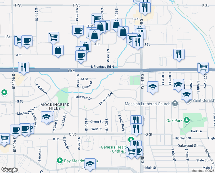map of restaurants, bars, coffee shops, grocery stores, and more near 8616 Lakeview Drive in Omaha