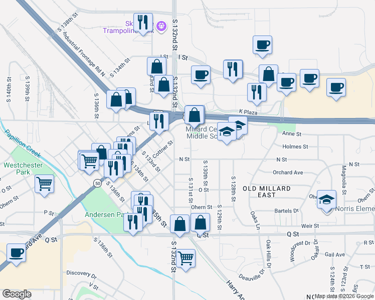 map of restaurants, bars, coffee shops, grocery stores, and more near 4860 South 131st Street in Omaha