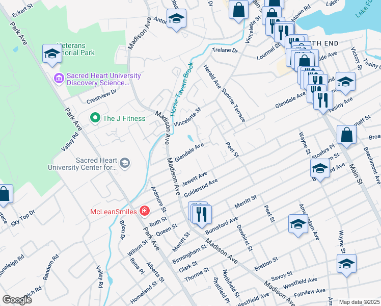 map of restaurants, bars, coffee shops, grocery stores, and more near 579 Glendale Avenue in Bridgeport