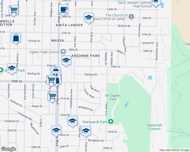 map of restaurants, bars, coffee shops, grocery stores, and more near 1419 Darling Street in Ogden
