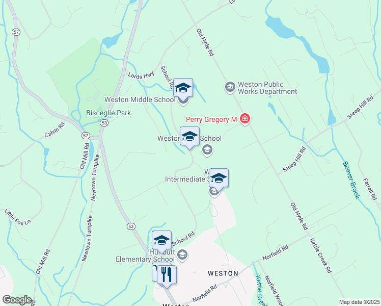 map of restaurants, bars, coffee shops, grocery stores, and more near 115 School Road in Weston