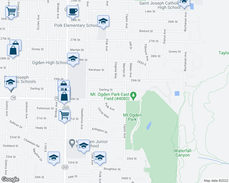 map of restaurants, bars, coffee shops, grocery stores, and more near 1424 Darling Street in Ogden