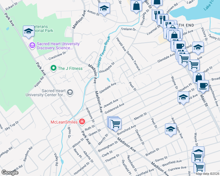 map of restaurants, bars, coffee shops, grocery stores, and more near 579 Glendale Avenue in Bridgeport