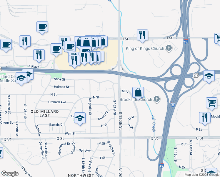 map of restaurants, bars, coffee shops, grocery stores, and more near 12108 Lisa Circle in Omaha
