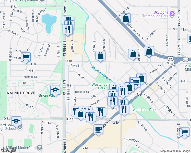 map of restaurants, bars, coffee shops, grocery stores, and more near 4865 Marshall Drive in Omaha