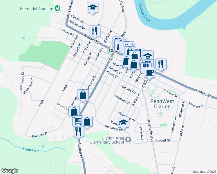 map of restaurants, bars, coffee shops, grocery stores, and more near 97 South 6th Avenue in Clarion