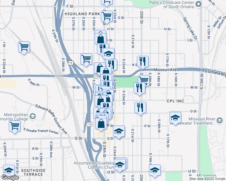 map of restaurants, bars, coffee shops, grocery stores, and more near 2301 M Street in Omaha