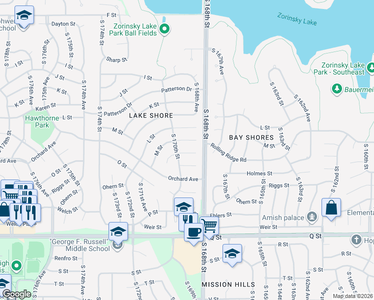 map of restaurants, bars, coffee shops, grocery stores, and more near 16904 Holmes Circle in Omaha