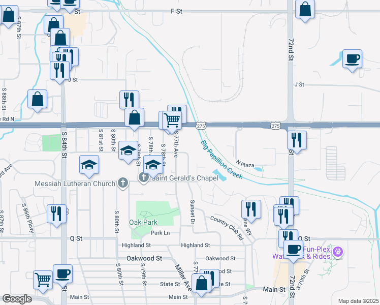 map of restaurants, bars, coffee shops, grocery stores, and more near 7700 Seymour Street in Ralston