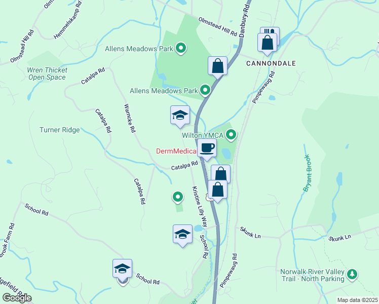 map of restaurants, bars, coffee shops, grocery stores, and more near 395 Danbury Road in Wilton