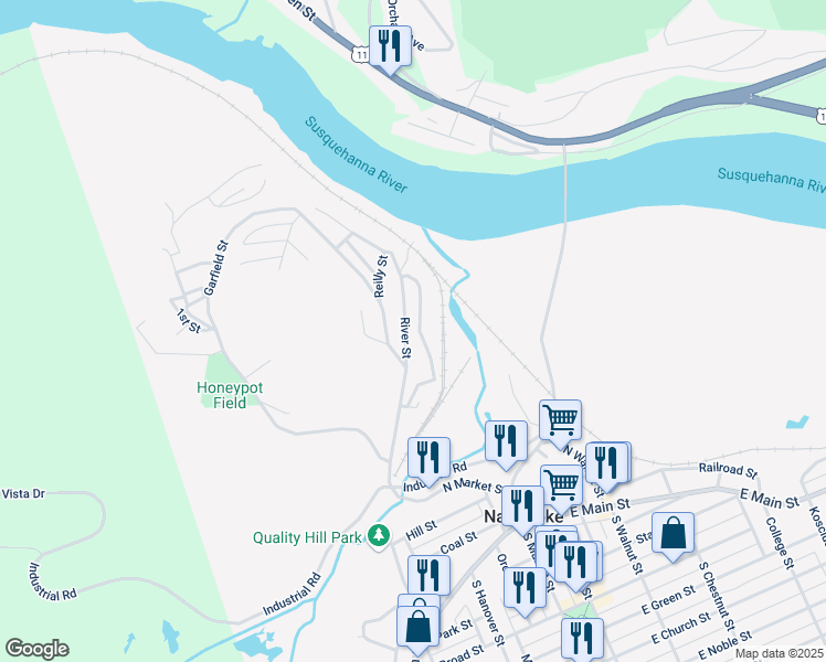 map of restaurants, bars, coffee shops, grocery stores, and more near 214 River Street in Nanticoke