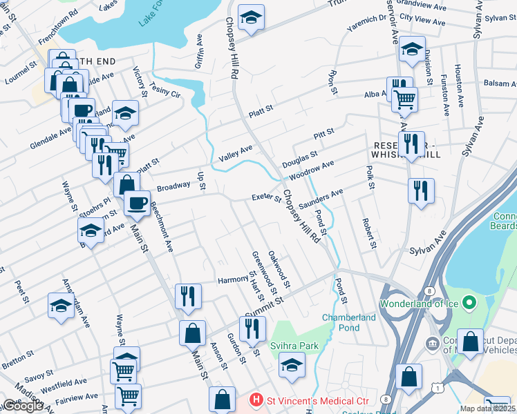 map of restaurants, bars, coffee shops, grocery stores, and more near 133 Exeter Street in Bridgeport