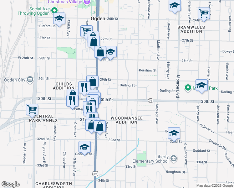 map of restaurants, bars, coffee shops, grocery stores, and more near 2954 Adams Avenue in Ogden