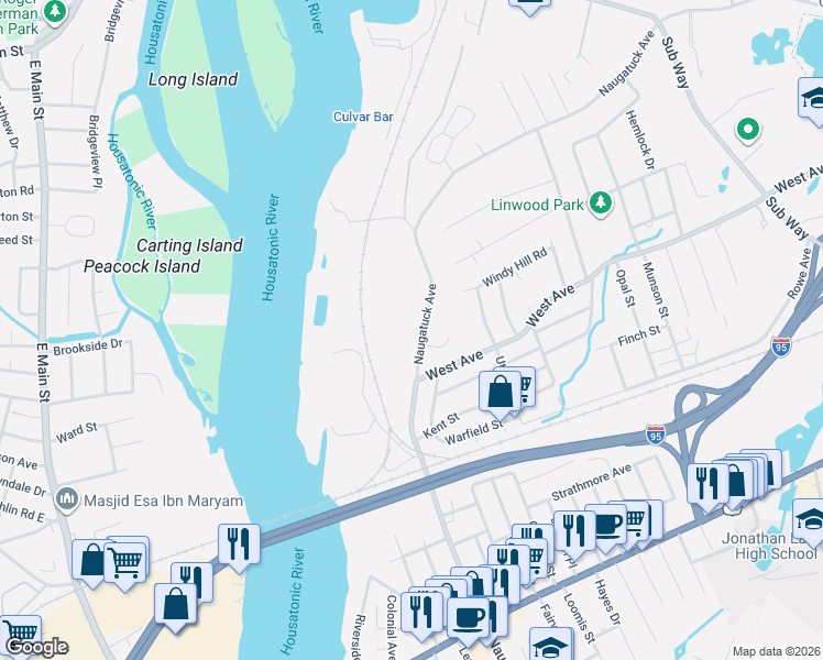 map of restaurants, bars, coffee shops, grocery stores, and more near 844 Naugatuck Avenue in Milford