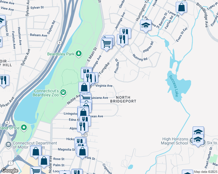 map of restaurants, bars, coffee shops, grocery stores, and more near 115 Virginia Avenue in Bridgeport