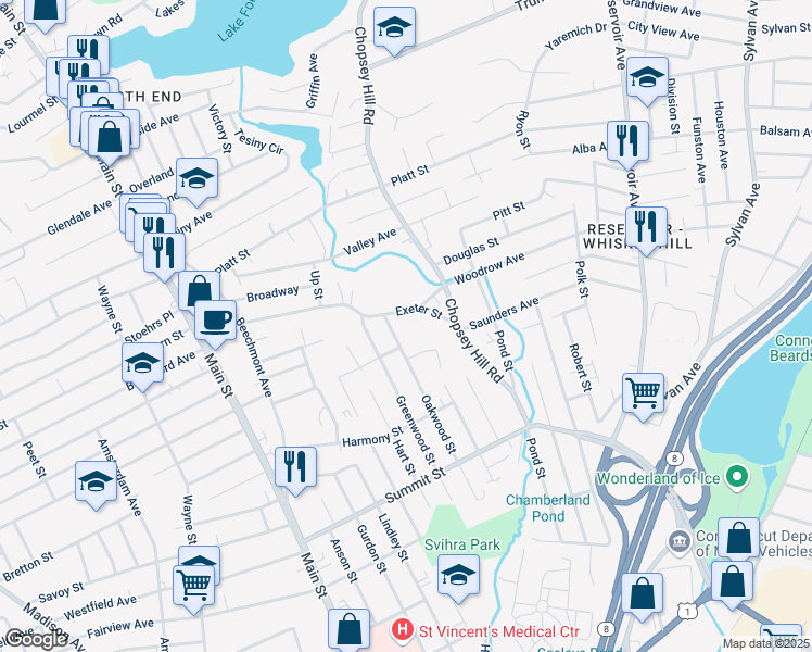 map of restaurants, bars, coffee shops, grocery stores, and more near 133 Exeter Street in Bridgeport