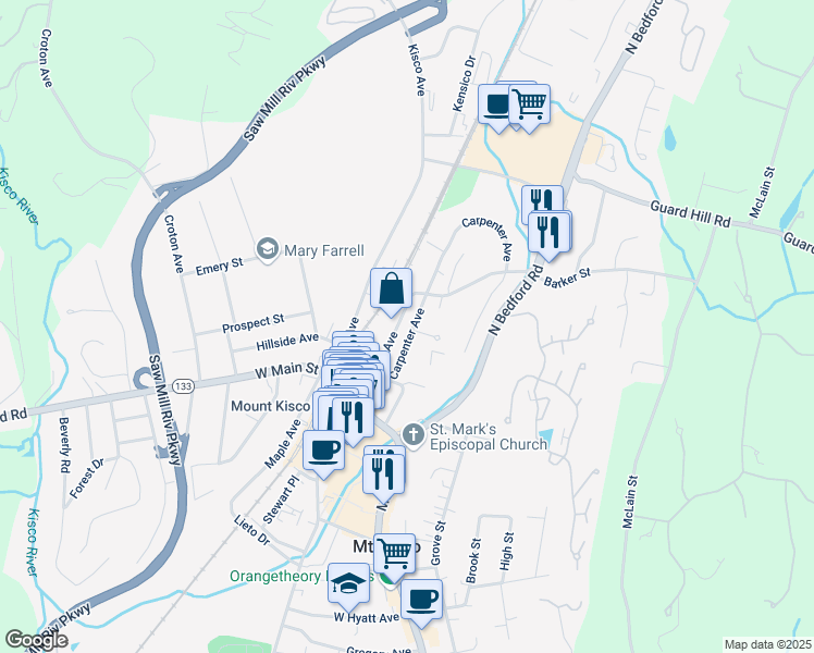 map of restaurants, bars, coffee shops, grocery stores, and more near 79 North Moger Avenue in Mount Kisco
