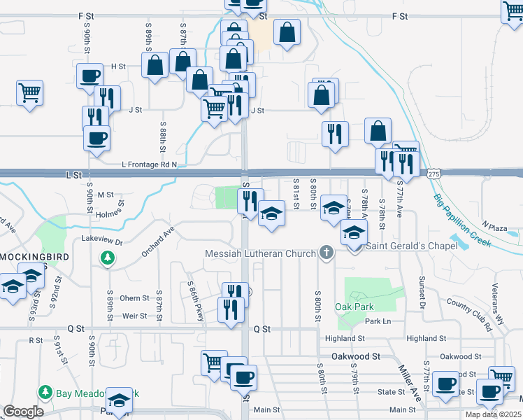 map of restaurants, bars, coffee shops, grocery stores, and more near 4746 South 83rd Street in Omaha