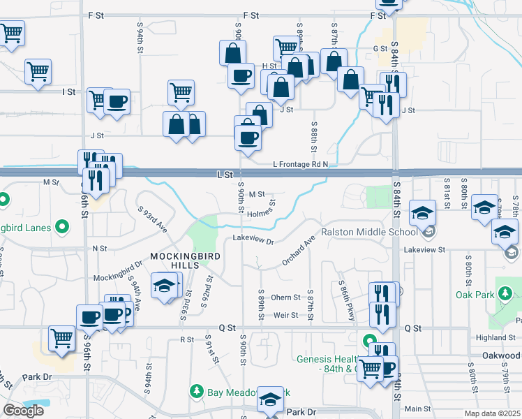 map of restaurants, bars, coffee shops, grocery stores, and more near 8822 Holmes Street in Omaha