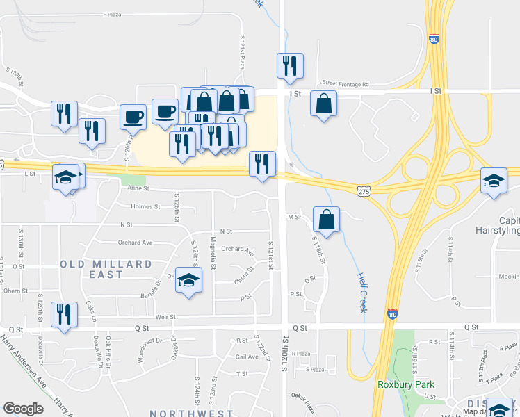 map of restaurants, bars, coffee shops, grocery stores, and more near 12108 Lisa Circle in Omaha