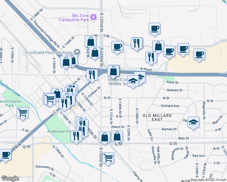 map of restaurants, bars, coffee shops, grocery stores, and more near 4848 South 131st Street in Omaha