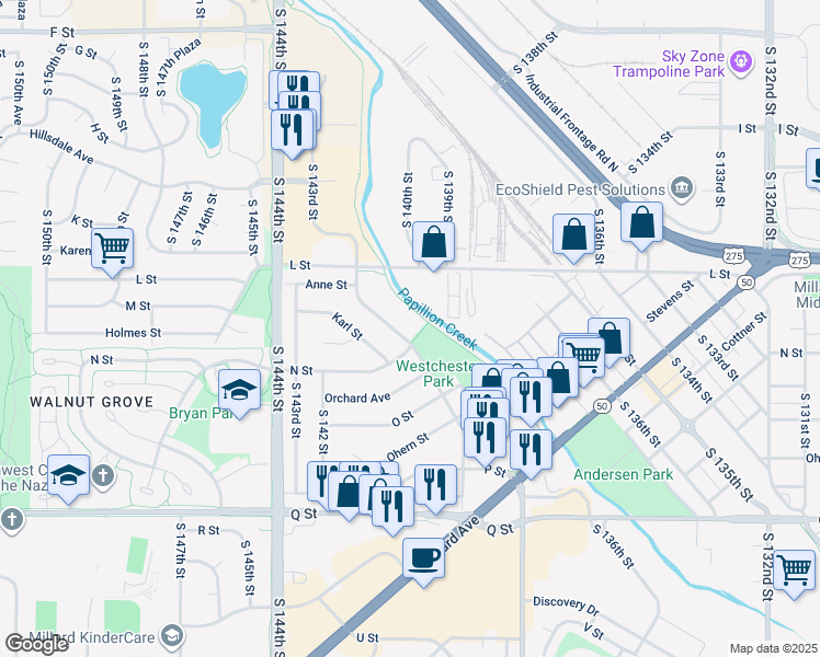 map of restaurants, bars, coffee shops, grocery stores, and more near 4865 Marshall Drive in Omaha