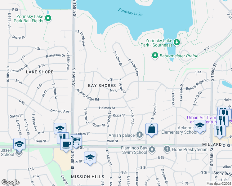 map of restaurants, bars, coffee shops, grocery stores, and more near 16315 M Street in Omaha