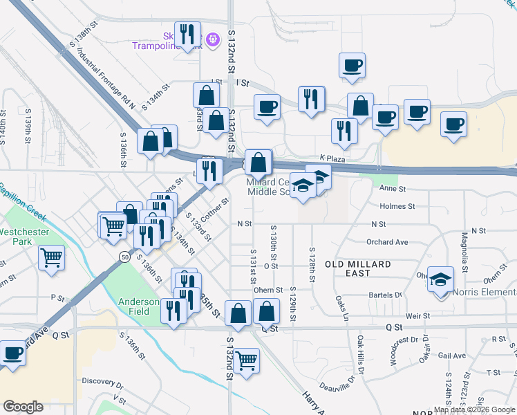 map of restaurants, bars, coffee shops, grocery stores, and more near 4848 South 131st Street in Omaha
