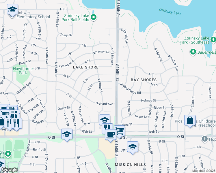 map of restaurants, bars, coffee shops, grocery stores, and more near 16904 Holmes Circle in Omaha