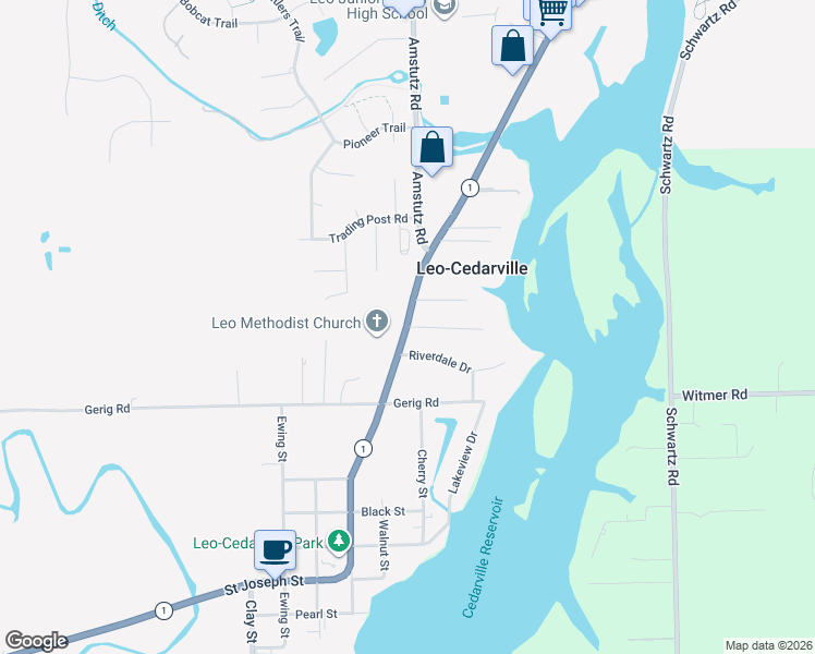 map of restaurants, bars, coffee shops, grocery stores, and more near 10101 Riverview Drive in Leo-Cedarville