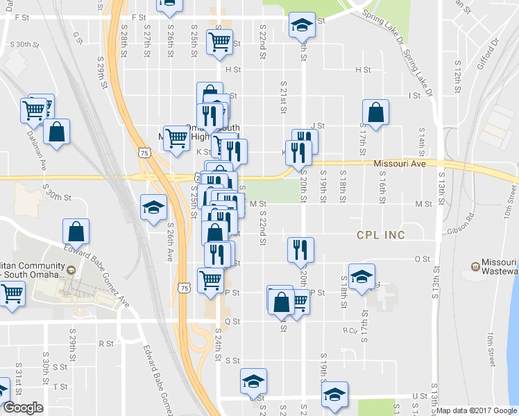 map of restaurants, bars, coffee shops, grocery stores, and more near 2205 M Street in Omaha