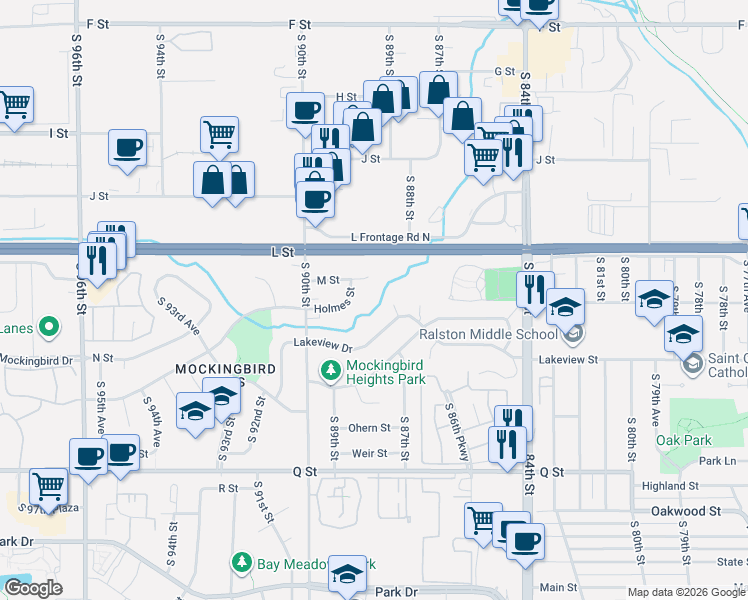 map of restaurants, bars, coffee shops, grocery stores, and more near 4865 South 90th Street in Omaha