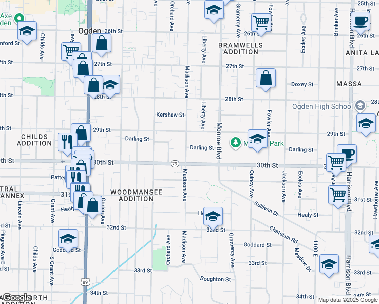 map of restaurants, bars, coffee shops, grocery stores, and more near 707 Darling Street in Ogden