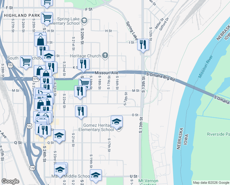 map of restaurants, bars, coffee shops, grocery stores, and more near 1601 M Street in Omaha