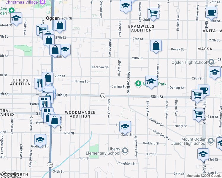 map of restaurants, bars, coffee shops, grocery stores, and more near 725 Darling Street in Ogden