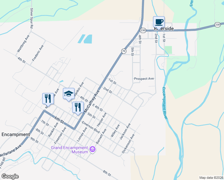 map of restaurants, bars, coffee shops, grocery stores, and more near 121 Lomax Avenue in Encampment