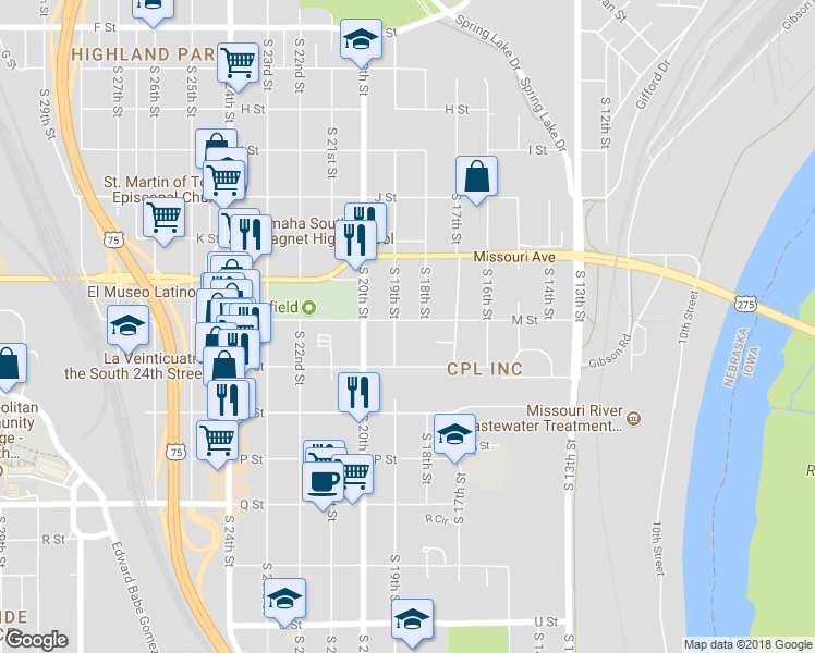 map of restaurants, bars, coffee shops, grocery stores, and more near 1813 M Street in Omaha