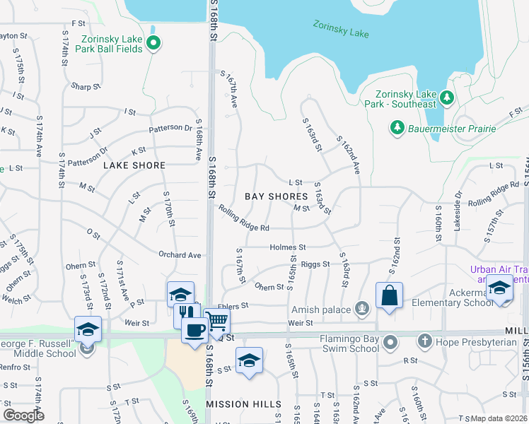 map of restaurants, bars, coffee shops, grocery stores, and more near 4826 South 166th Street in Omaha