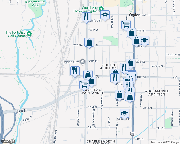 map of restaurants, bars, coffee shops, grocery stores, and more near 2968 Wall Avenue in Ogden
