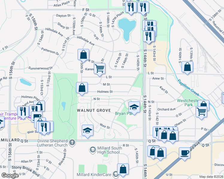 map of restaurants, bars, coffee shops, grocery stores, and more near 14806 Holmes Street in Omaha