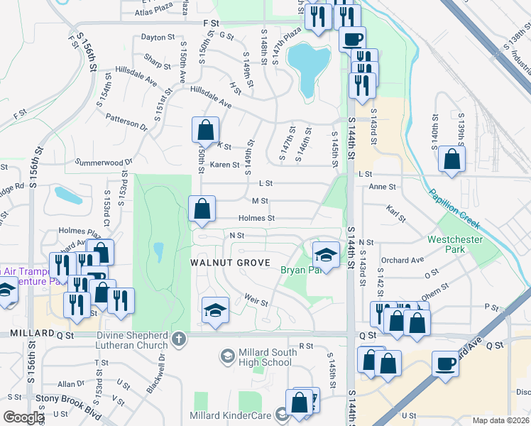 map of restaurants, bars, coffee shops, grocery stores, and more near 14806 Holmes Street in Omaha