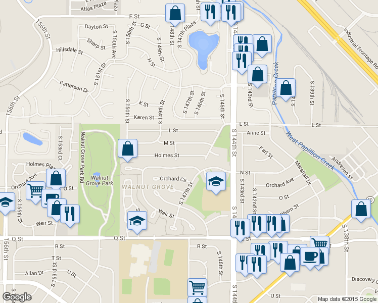 map of restaurants, bars, coffee shops, grocery stores, and more near 14630 Holmes Street in Omaha