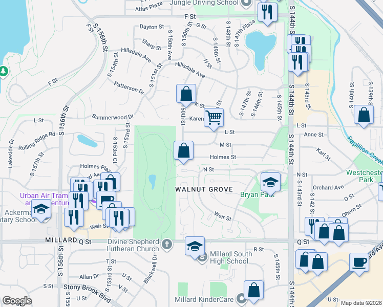 map of restaurants, bars, coffee shops, grocery stores, and more near 14942 Holmes Street in Omaha