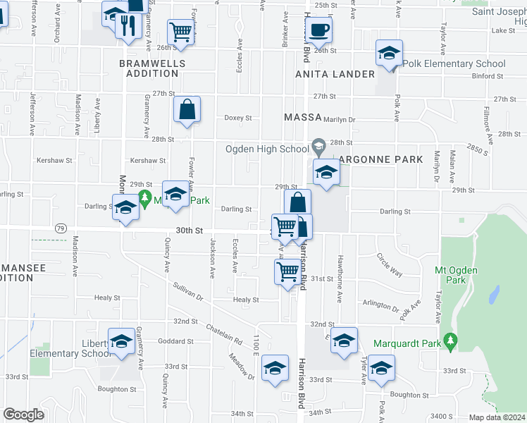 map of restaurants, bars, coffee shops, grocery stores, and more near 2950 Van Buren Avenue in Ogden