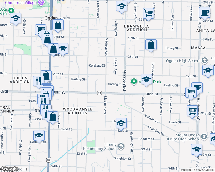 map of restaurants, bars, coffee shops, grocery stores, and more near 725 Darling Street in Ogden